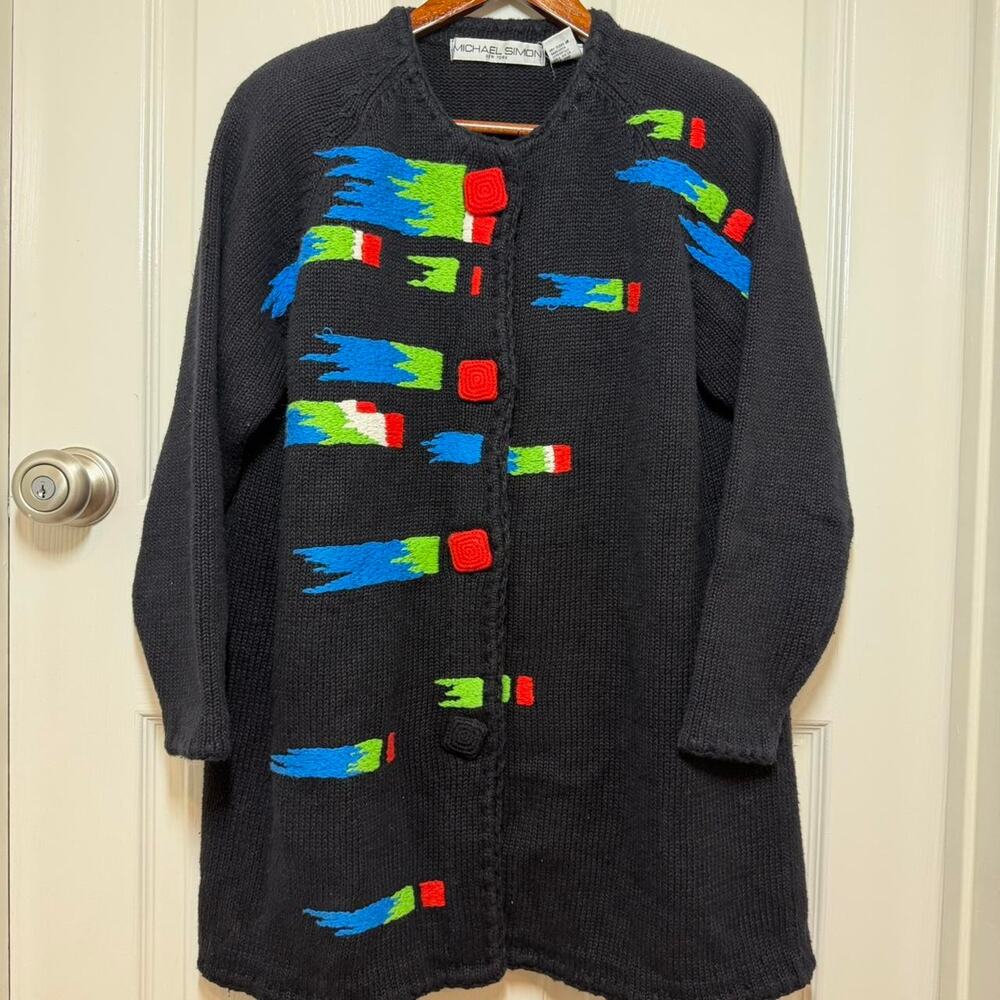 VTG Michael Simon Black Cardigan Sweater With Abstract Embroidery One Size M L